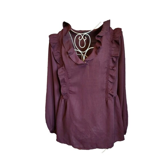 Ann Taylor Tops - Sz Med Ann Taylor Loft Burgundy Top Blouse Ruffled LS Babydoll
